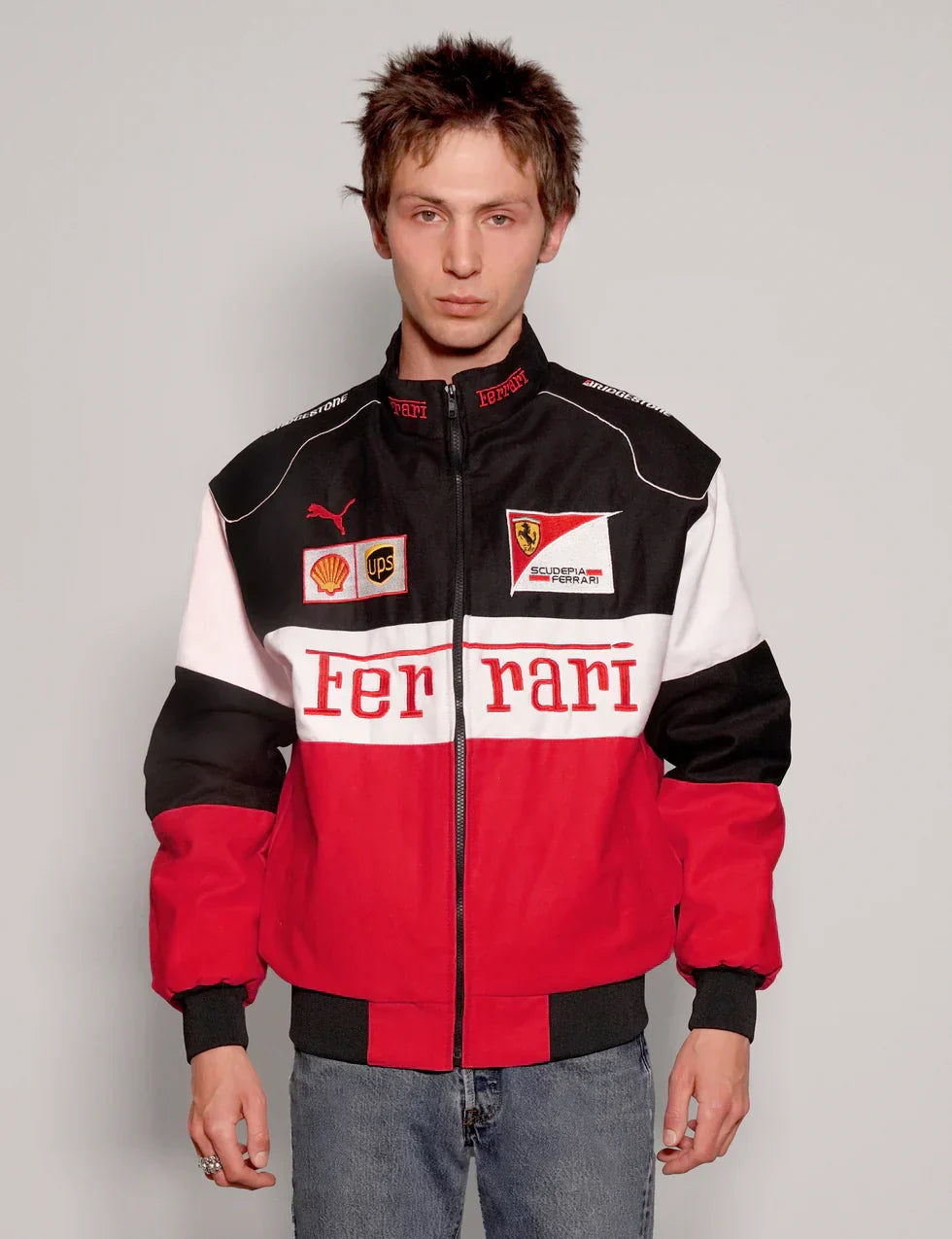 Darkcity Tri-Color Ferrari Racing Jacket – Red/White/Black Motorsport Style