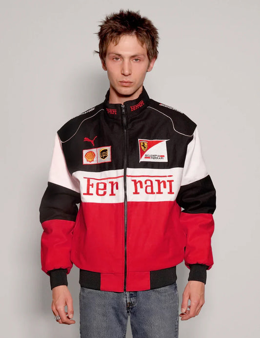 Darkcity Tri-Color Ferrari Racing Jacket – Red/White/Black Motorsport Style