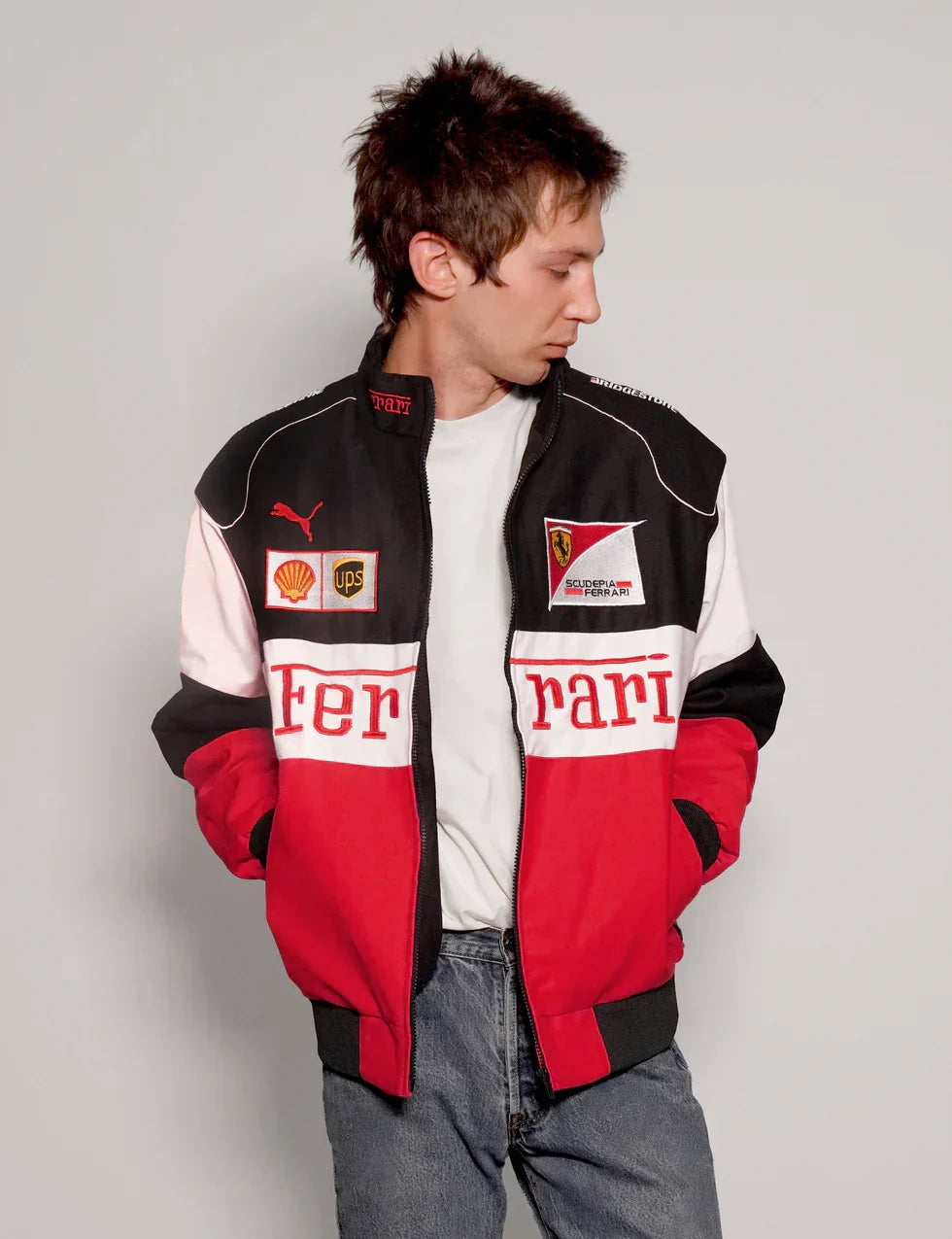 Darkcity Tri-Color Ferrari Racing Jacket – Red/White/Black Motorsport Style