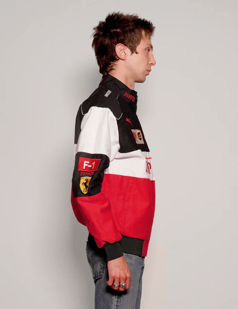 Darkcity Tri-Color Ferrari Racing Jacket – Red/White/Black Motorsport Style