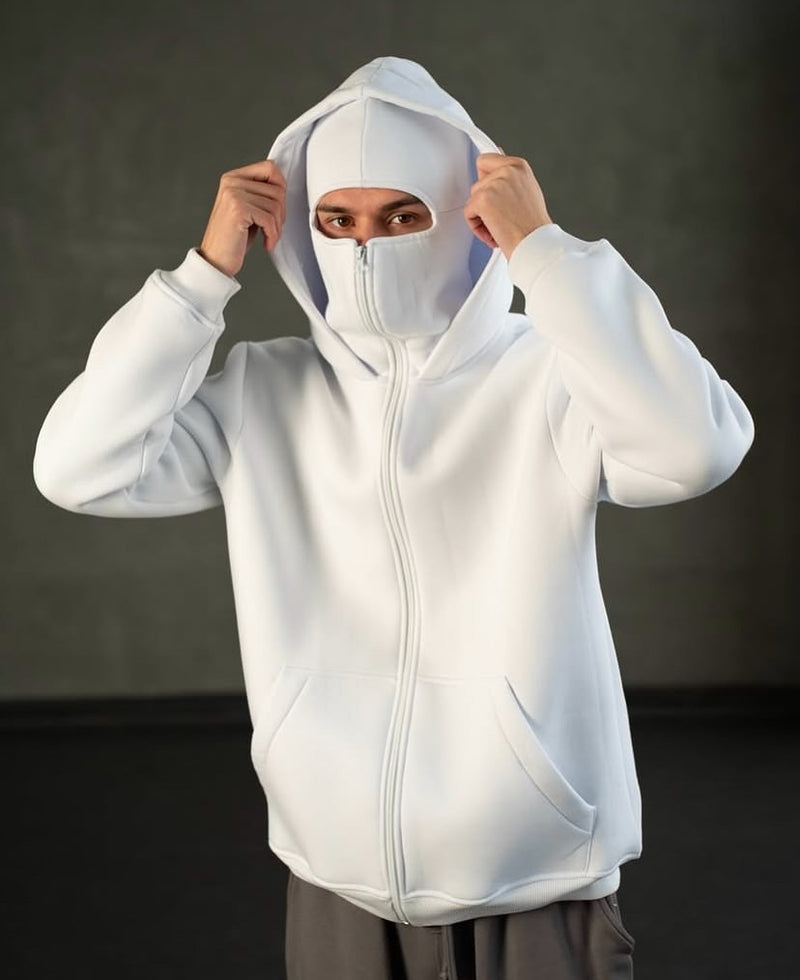 Darkcity White Balaclava Hoodie – Streetwear Masked Pullover for Men & Women