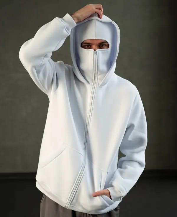 Darkcity White Balaclava Hoodie – Streetwear Masked Pullover for Men & Women