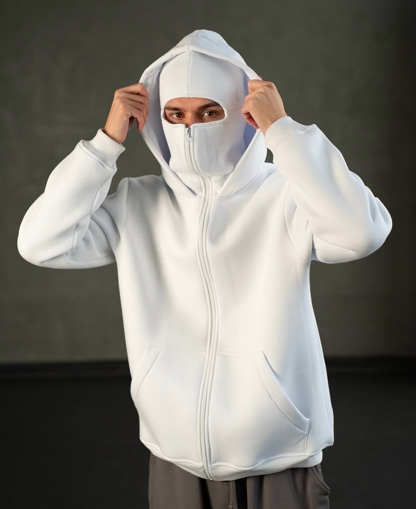 Darkcity White Balaclava Hoodie – Streetwear Masked Pullover for Men & Women