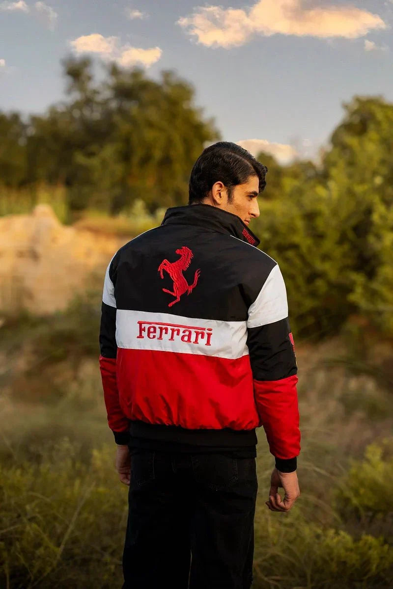 Darkcity Tri-Color Ferrari Racing Jacket – Premium Motorsport Streetwear